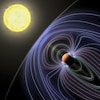 Illustration représentant une étoile, une exoplanète et le signal radio qui en émane.