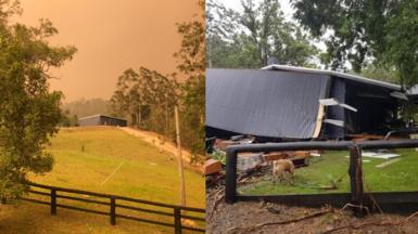 Composite image of the Costigan's family home during the 2019 bushfires (left) and the aftermath of floods in 2020 (right)