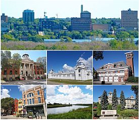 From top left to right: Downtown Brandon, Brandon Court House, Dominion Exhibition Display Building II, Brandon Central Fire Station, Downtown Brandon, Assiniboine River, Brandon University