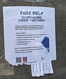Flyer posted on Roosevelt Island, offering help in scheduling COVID-19 vaccine appointments for individuals belonging to vulnerable populations in March 2021.