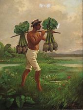 A painting of a man carrying taro by a yoke.