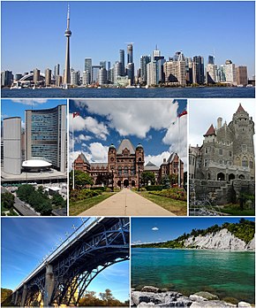 From top left: Downtown, City Hall, the Ontario Legislative Building, Casa Loma, Prince Edward Viaduct, and the Scarborough Bluffs