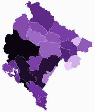 Total COVID-19 cases per 100K inhabitants in Montenegro per municipality.png