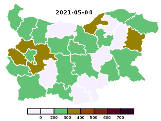 Rolling 14-days new cases prevalence of COVID-19 in Bulgaria by region.svg
