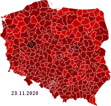 Przypadki SARS-CoV-2 w powiatach w Polsce.svg