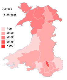 Wales Principal Areas Map Cases per 100K of COVID-19 ONGOING; starting at 17 April 2020.svg