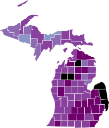 COVID-19 rolling 14day Prevalence in Michigan by county.svg