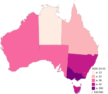COVID-19 outbreak Australia per capita cases map.svg