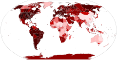 Map showing the prevalence of SARS-CoV-2 cases; black: highest prevalence; dark red to pink: decreasing prevalence; grey: no recorded cases or no data