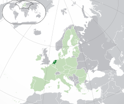 Location of the European part of the Netherlands (dark green) – in Europe (green & dark grey) – in the European Union (green)