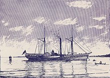 Lithograph of a large steamboat with smokestack and two sails.
