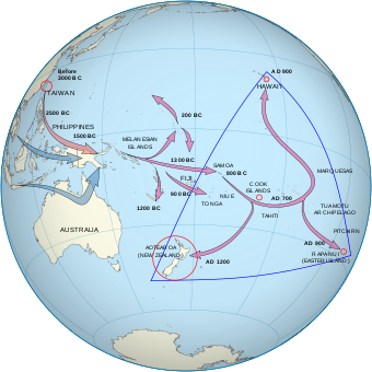 One set of arrows point from Taiwan to Melanesia to Fiji/Samoa and then to the Marquesas Islands. The population then spread, some going south to New Zealand and others going north to Hawai'i. A second set start in southern Asia and end in Melanesia.