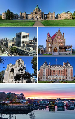 From top to bottom, left to right: the British Columbia Parliament Buildings, Downtown Victoria, Craigdarroch Castle, Christ Church Cathedral, the Empress Hotel and the Float Home Village at Fisherman's Wharf