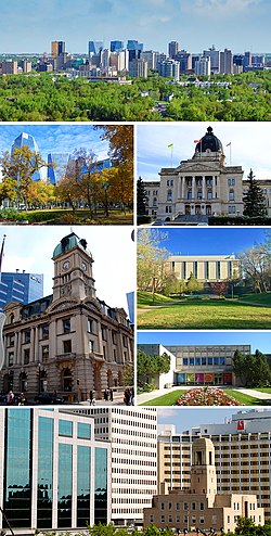 From top to bottom; left to right: Downtown, Victoria Park, Saskatchewan Legislative Building, Prince Edward Building, Dr. John Archer Library the Royal Saskatchewan Museum and a section of Scarth Street downtown.