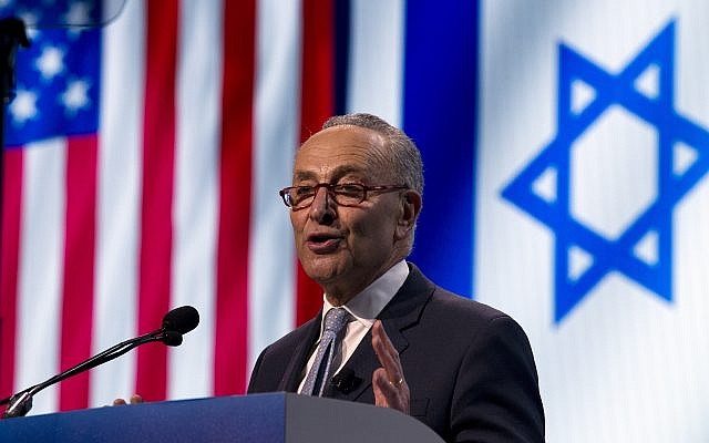 Illustrative: Senate Minority Leader Chuck Schumer, Democrat of New York, speaks at the 2019 American Israel Public Affairs Committee (AIPAC) policy conference, at Washington Convention Center, in Washington, March 25, 2019. (AP Photo/Jose Luis Magana)
