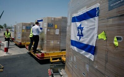 Aid ready to be loaded onto an Indian Air Force plane at Ben Gurion Airport before it is sent to the virus-wracked country, May 8, 2021 (Foreign Ministry)