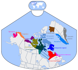 Inuktitut dialect map with labels in Inuktitut inuujingajut or local Roman alphabet