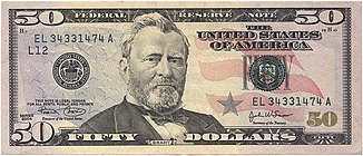 Paper currency, double image of obverse (with Grants image) and reverse (with Capitol building image)