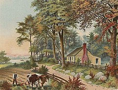 Image of Grant's birthplace, a simple one-story structure, with fence and trees in front, next to the Ohio River with steamboat passing by