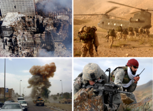 Clockwise from top left: Aftermath of the 11 September attacks; American infantry in Afghanistan; an American soldier and Afghan interpreter in Zabul Province, Afghanistan; explosion of a car bomb in Baghdad