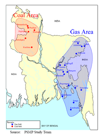 Map of Bangladesh, illustrating coal and gas deposits