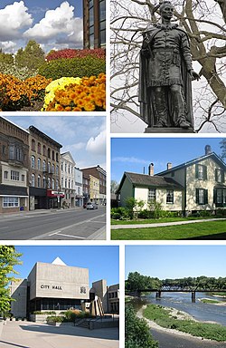 Clockwise from top: Flowerbed outside RBC Building, Statue of Joseph Brant, Bell Homestead, Grand River, City Hall, Colborne Street in Downtown Brantford