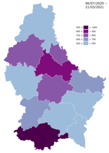 Luxembourg COVID avg new cases per 100000 distribution map.png