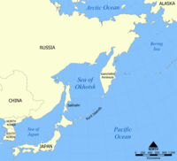 Location of the Kuril Islands in the Western Pacific between Japan and the Kamchatka Peninsula of Russia