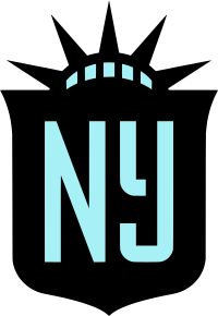 Gotham FC crest. The crest is shield-shaped and is black with light blue lettering and accents. The top of the shield is a graphic depiction of the Statue of Liberty's crown. In the centre of the crest are letters which can be read as either "NJ" or "NY", with a line through the "Y" which makes it legible as both a "Y" and a "J".