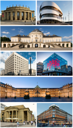 Clockwise from top left: Staatsoper Stuttgart, Mercedes-Benz Museum, Schloss Solitude, Kunstmuseum Stuttgart, Neues Schloss, Marquardtbau, Königsbau, Stadtbibliothek