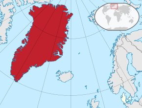 Location of Greenland (red) in the Kingdom of Denmark (red and beige)