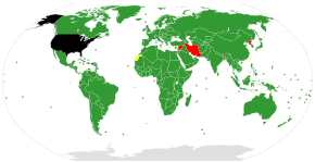 Map depicting the U.S. having diplomatic relations with nearly every country in the world