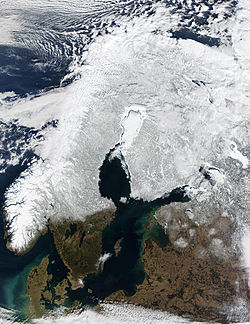 Photo of the Fennoscandian Peninsula and Denmark, as well as other areas surrounding the Baltic Sea, in March 2002.