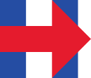 Clinton's 2016 presidential campaign logo, a large blue letter "H" with a red arrow facing right, overlaying the horizontal bar of the "H". The head of the arrow is also overlaid over the right vertical bar of the "H", with two small blue triangles poking out where the bar of the "H" is not covered by the arrow.