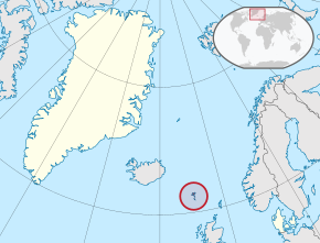 Location of the Faroe Islands (red; circled) in the Kingdom of Denmark (beige)