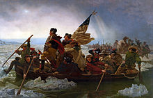 Washington standing up in a freight boat crossing a windy river filled with winter chunks of ice.