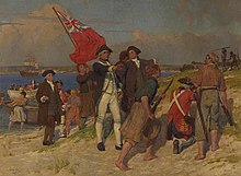 A painting of Captain James Cook landing at Botany Bay, New South Wales