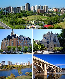 From left to right: Central Saskatoon, the Delta Bessborough hotel, the University of Saskatchewan, Downtown from the Meewasin trail, and the Broadway Bridge.