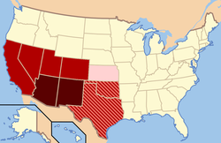 Though regional definitions vary from source to source, Arizona and New Mexico (in dark red) are almost always considered the core, modern-day Southwest. The brighter red and striped states may or may not be considered part of this region. The brighter red states (California, Colorado, Nevada, and Utah) are also classified as part of the West by the U.S. Census Bureau, though the striped states are not; Oklahoma and Texas are often classified as part of the South.[1]