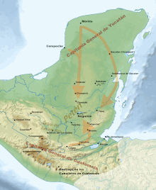 Map of the Yucatán Peninsula, jutting northwards from an isthmus running northwest to southeast. The Captaincy General of Yucatán was located in the extreme north of the peninsula. Mérida is to the north, Campeche on the west coast, Bacalar to the east and Salamanca de Bacalar to the southeast, near the east coast. Routes from Mérida and Campeche joined to head southwards towards Petén, at the base of the peninsula. Another route left Mérida to curve towards the east coast and approach Petén from the northeast. The Captaincy General of Guatemala was to the south with its capital at Santiago de los Caballeros de Guatemala. A number of colonial towns roughly followed a mountain range running east-west, including Ocosingo, Ciudad Real, Comitán, Ystapalapán, Huehuetenango, Cobán and Cahabón. A route left Cahabón eastwards and turned north to Petén. Petén and the surrounding area contained a number of native settlements. Nojpetén was situated on a lake near the centre; a number of settlements were scattered to the south and southwest, including Dolores del Lacandón, Yaxché, Mopán, Ixtanché, Xocolo and Nito. Tipuj was to the east. Chuntuki, Chunpich and Tzuktokʼ were to the north. Sakalum was to the northeast. Battles took place at Sakalum in 1624 and Nojpetén in 1697.