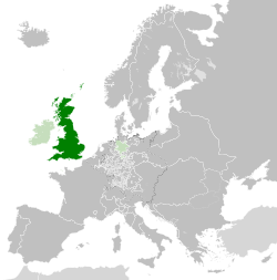 Location of Great Britain in 1789 in dark green; Ireland, the Channel Islands, the Isle of Man and Hanover in light green