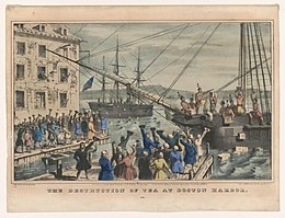 Two ships in a harbor, one in the distance. On board, men stripped to the waist and wearing feathers in their hair throw crates of tea overboard. A large crowd, mostly men, stands on the dock, waving hats and cheering. A few people wave their hats from windows in a nearby building