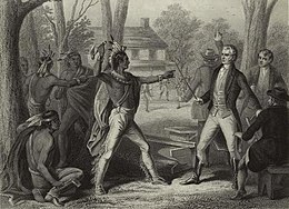 Tecumseh and Harrison facing each other with weapons drawn