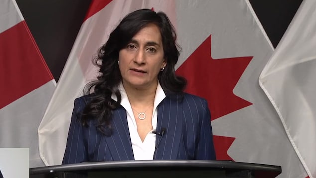 Anita Anand, devant un lutrin, prend la parole avec en arrière-plan plusieurs drapeaux canadiens.
