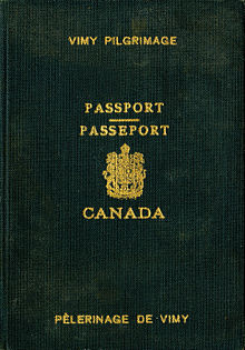 Special passport issued for the purpose of attending the 1936 Vimy pilgrimage