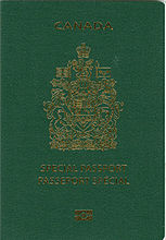 Cover of Canadian Special e-Passport. Cover is green colour with a gold-coloured crest. Text reads "CANADA" above the crest, and "SPECIAL PASSPORT" and "PASSEPORT SPÉCIAL" below the crest
