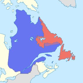 La frontière entre le Québec et Terre-Neuve-et-Labrador. En rouge, Terre-Neuve-et-Labrador, en bleu, le Québec. Le territoire situé entre le 52e parallèle et la ligne de partage des eaux est revendiqué par les deux provinces et fait l'objet d'un conflit.