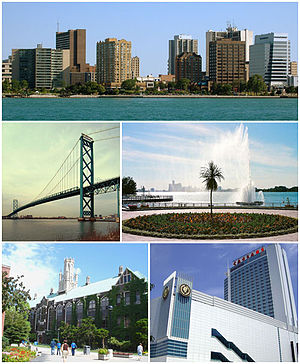 From top, left to right: Downtown Windsor skyline, Ambassador Bridge, Charlie Brooks Memorial Peace Fountain, Dillon Hall at University of Windsor, and Caesars Windsor