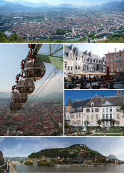 From upper left: Panorama of the city, Grenoble’s cable cars, place Saint-André, jardin de ville, banks of the Isère