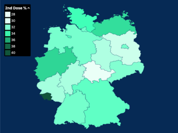 Germany map of fully vaccinated people by percentage of population by state as of 23rd of June 2021.png